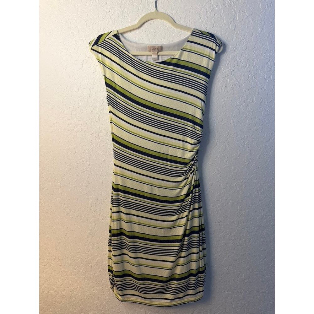 LOFT Green Navy White Stripe Side Ruched Cap Sleeve Knit Dress Size XS